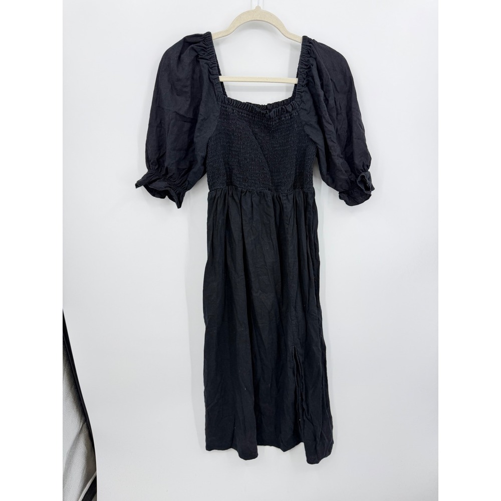 Gap Smocked Puff Sleeve Midi slit Dress Womens S Black Linen Blend Square Neck‎